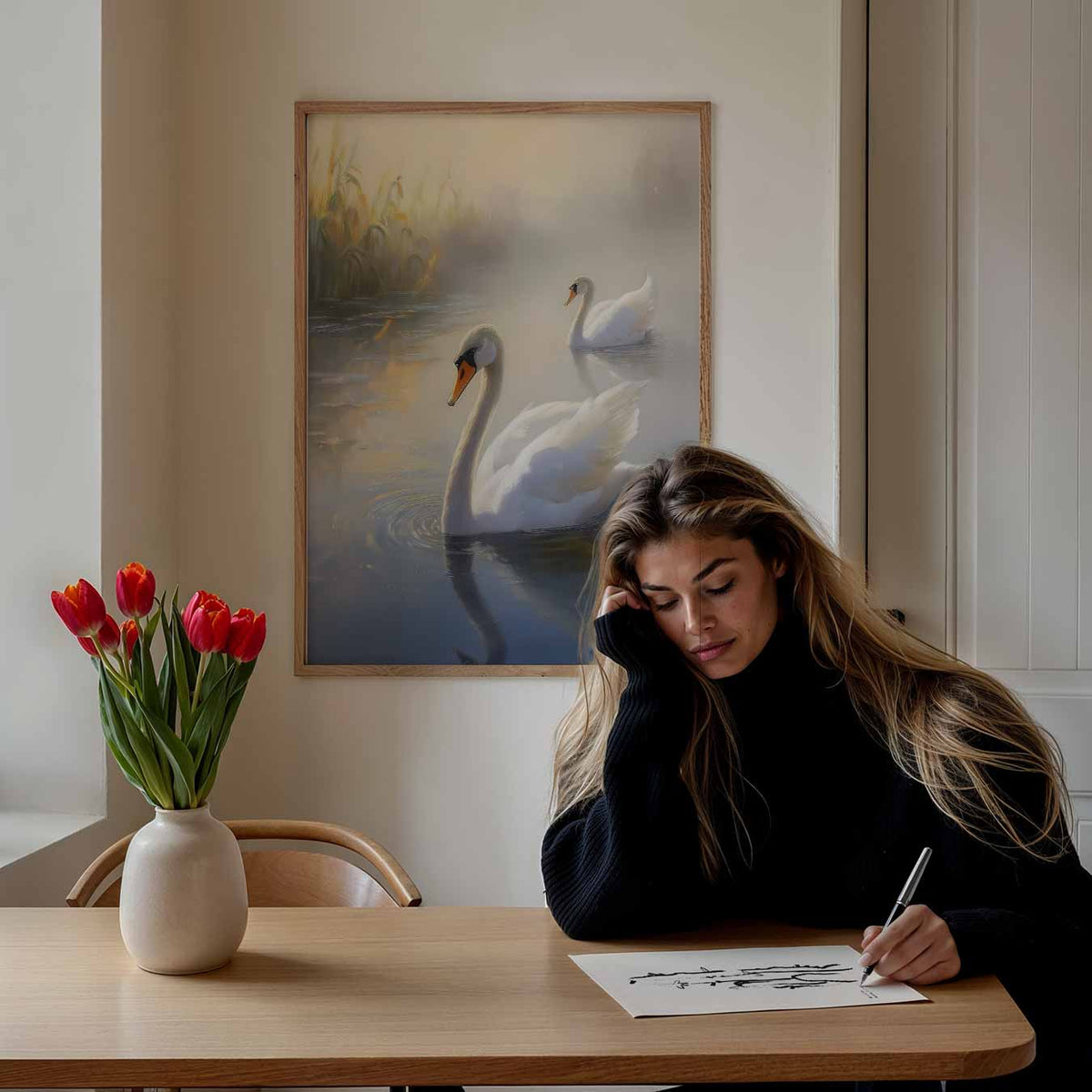 Elegant Zwevend Zwanenpaar – staande dieren wanddecoratie van WallArtistic