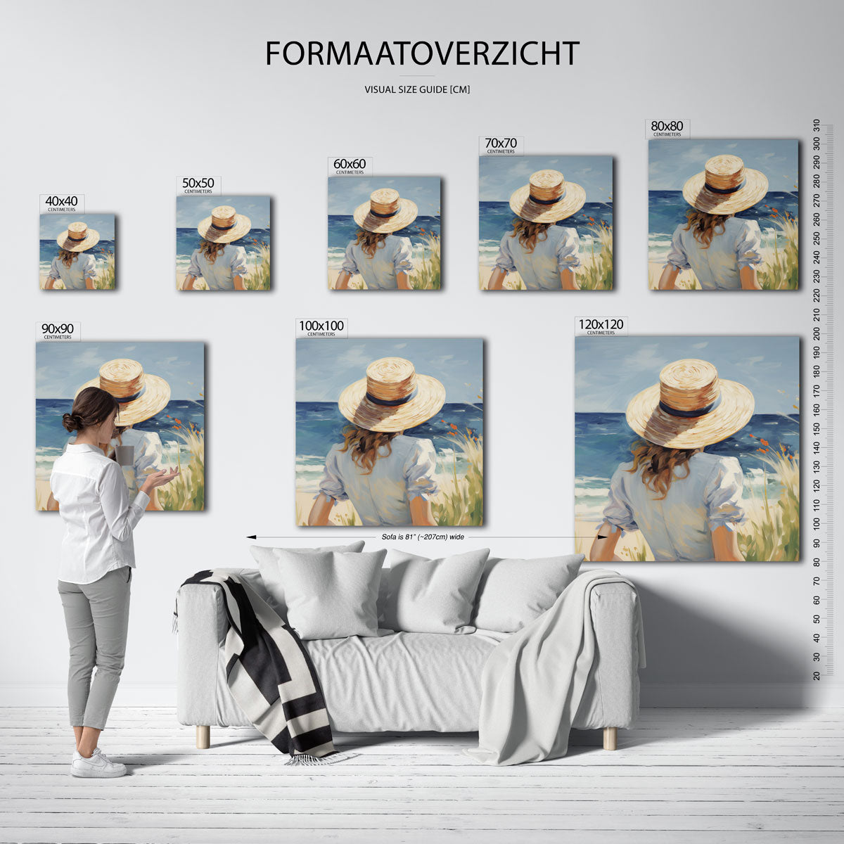 Vrouw met hoed bij zee – vierkante muurposter met vrouwelijk portret