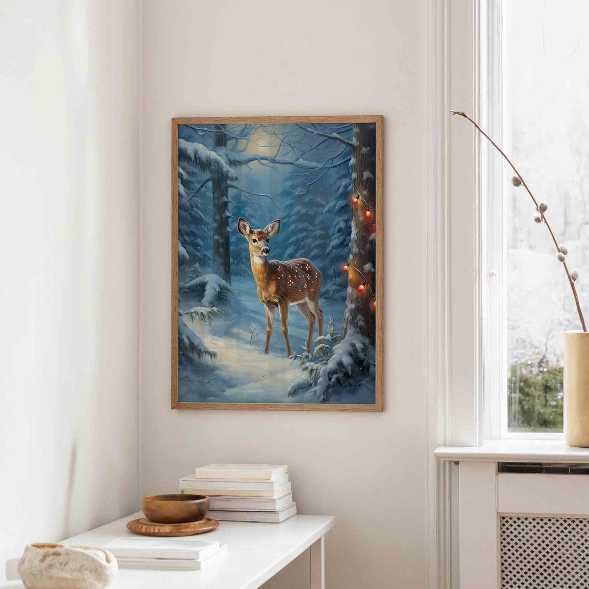 Hert in besneeuwd bos – staande kerst wanddecoratie van WallArtistic