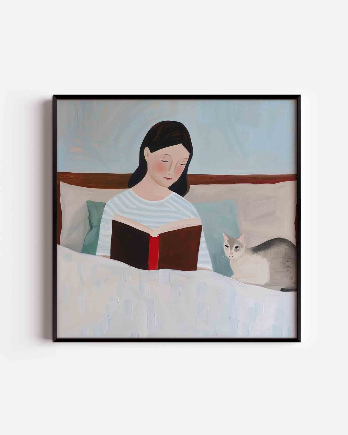 Lezende vrouw met kat – design vierkante poster als wanddecoratie