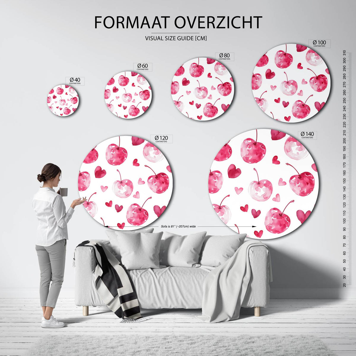 Kersen en harten Muurcirkel – extra productweergave – De muurcirkel toont roze kersen en harten op een witte achtergrond.