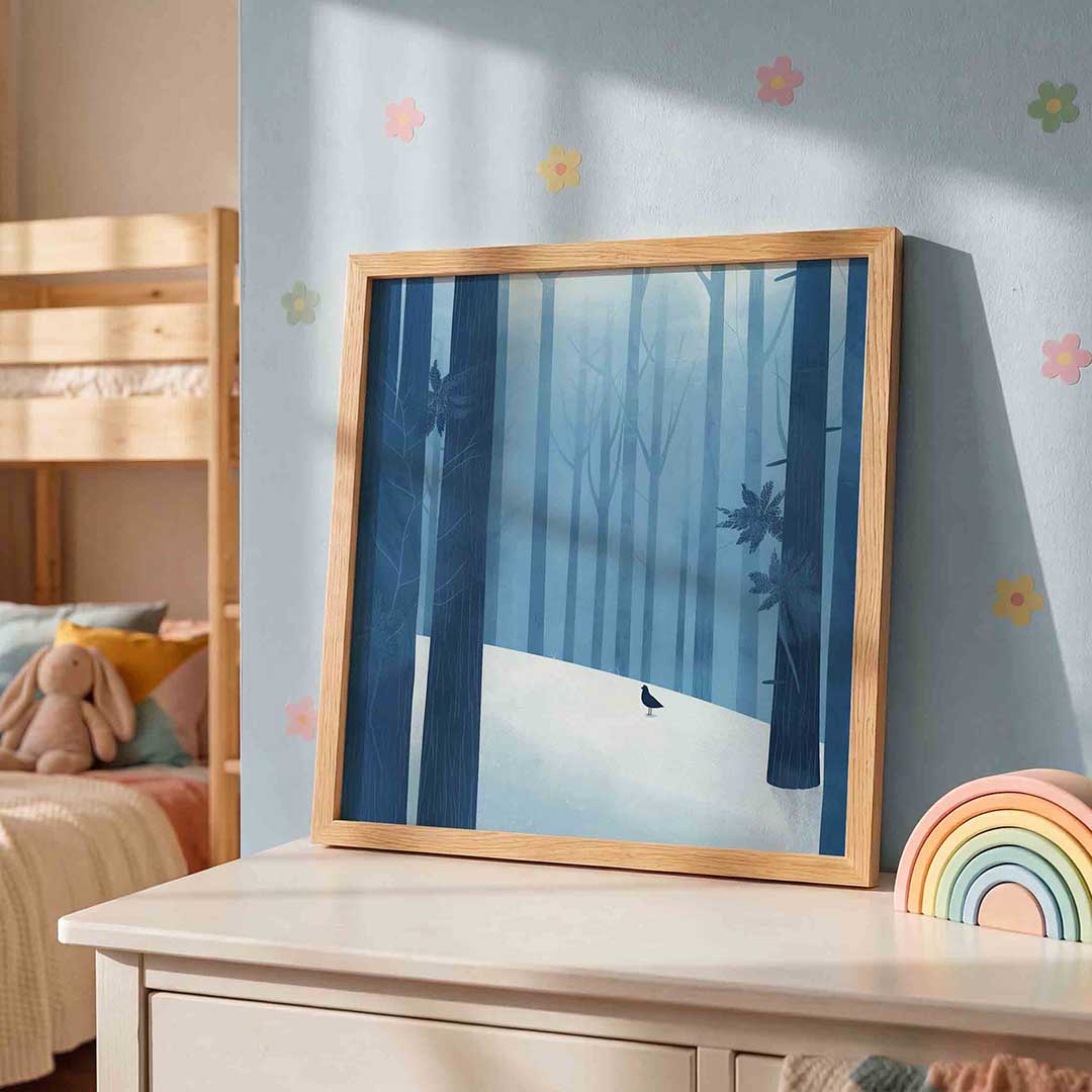 Boslandschap met vogel – speelse wandkunst als vierkante kinderposter