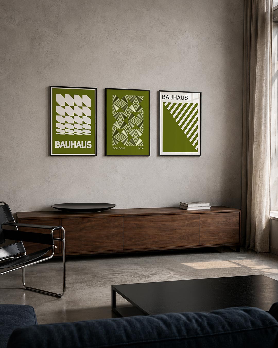 Vorm en ritme posterset – tweede productweergave – deze posterset in drie delen toont een spel van witte en olijfgroene