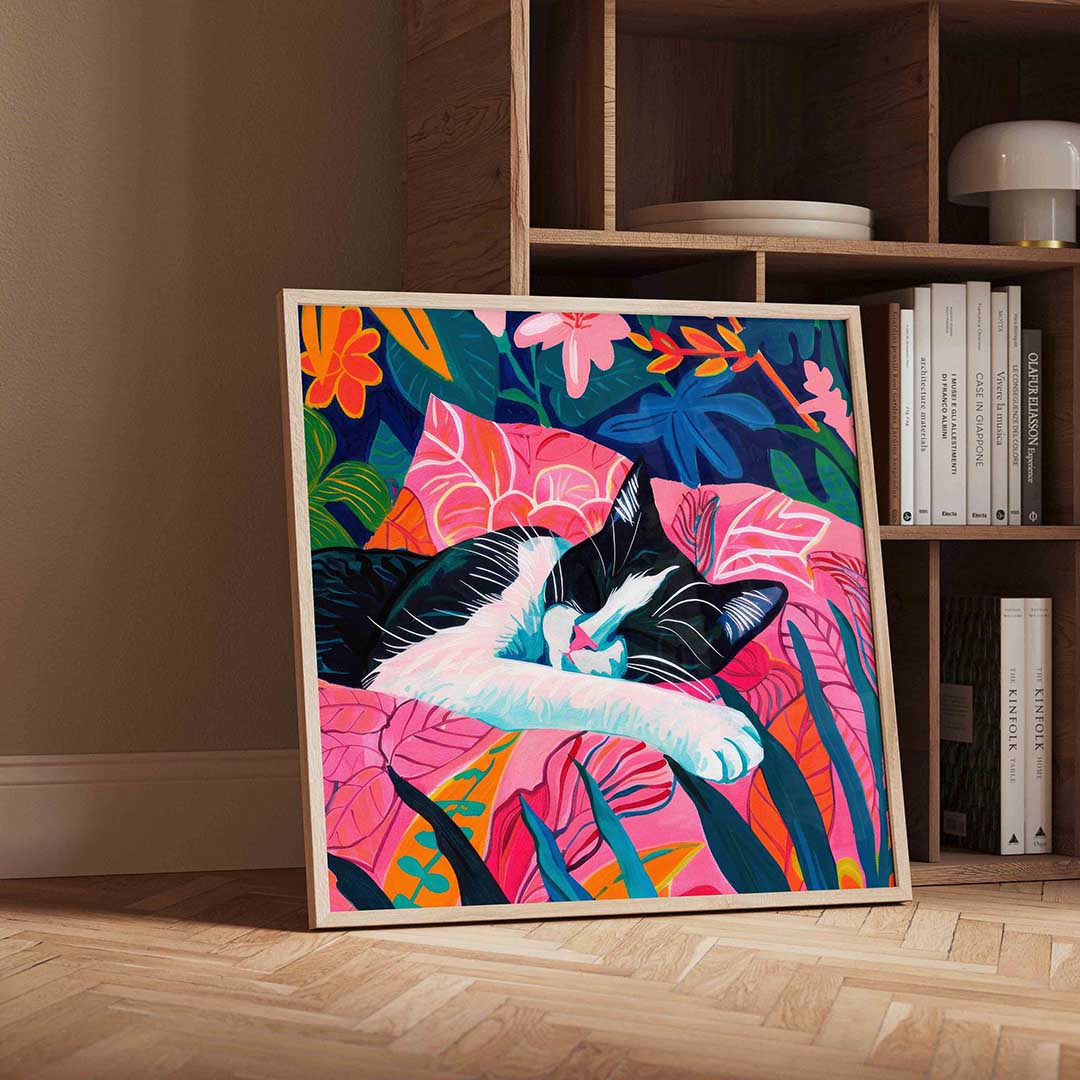 Slapende kat – geïllustreerde wandkunst als vierkante poster