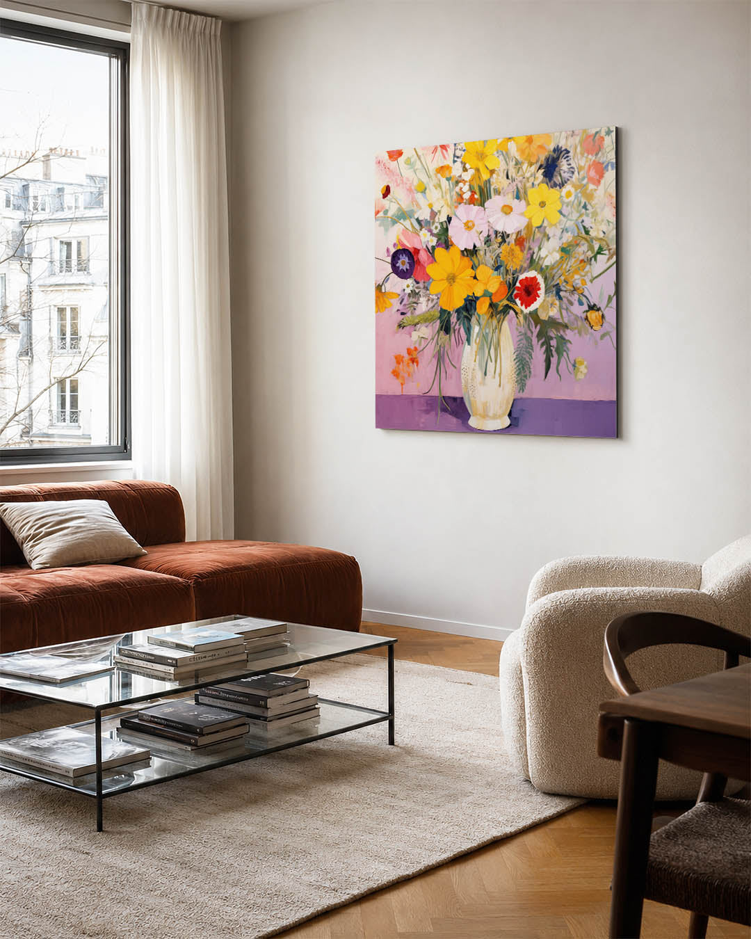 Bloemenpracht in vaas kunstwerk – vierkante wanddecoratie – dit toont een levendig boeket bloemen in een vaas, met een
