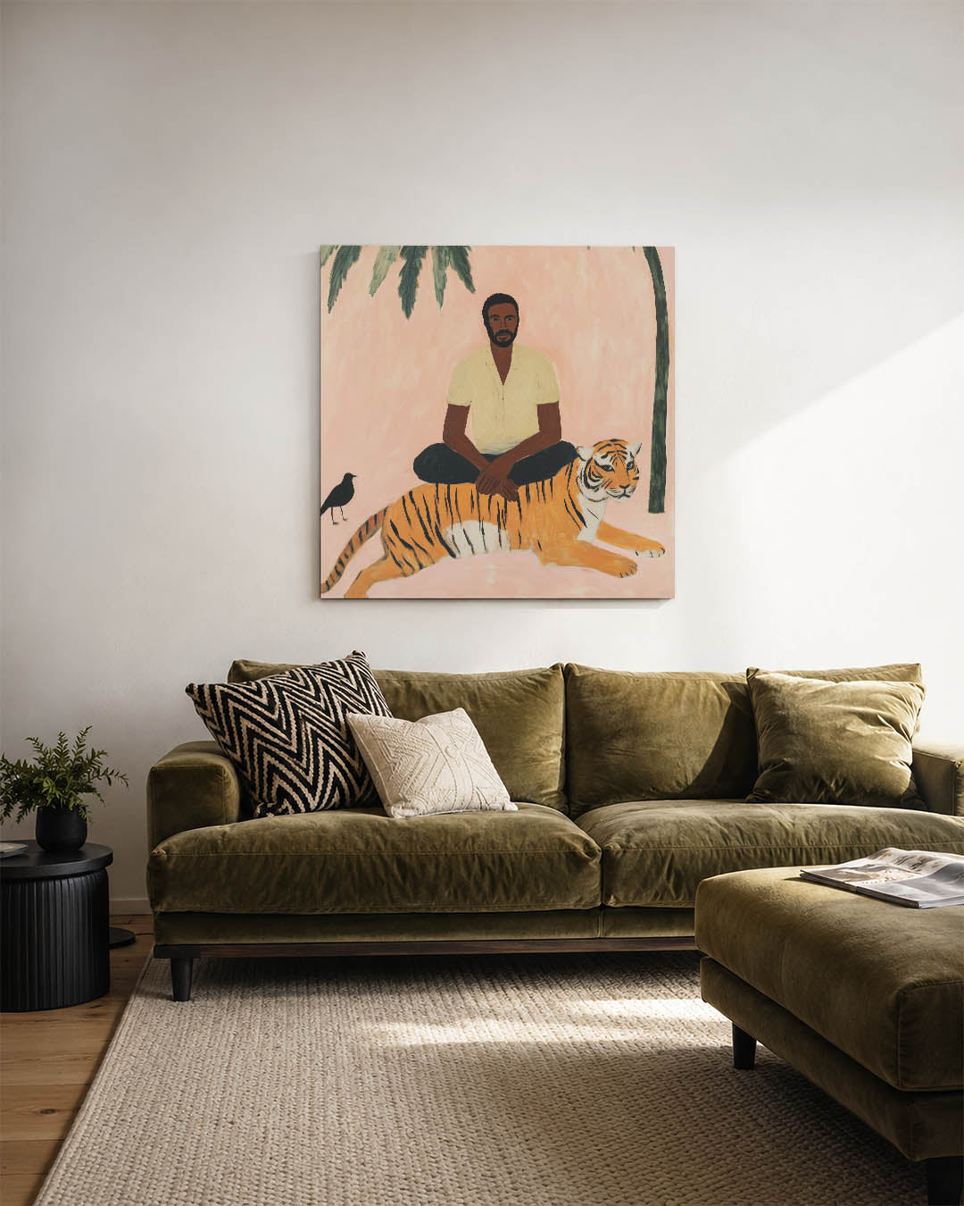 Dromerige scene kunstwerk – sfeerbeeld – dit werk toont een serene compositie met een man en een tijger tegen een zachte