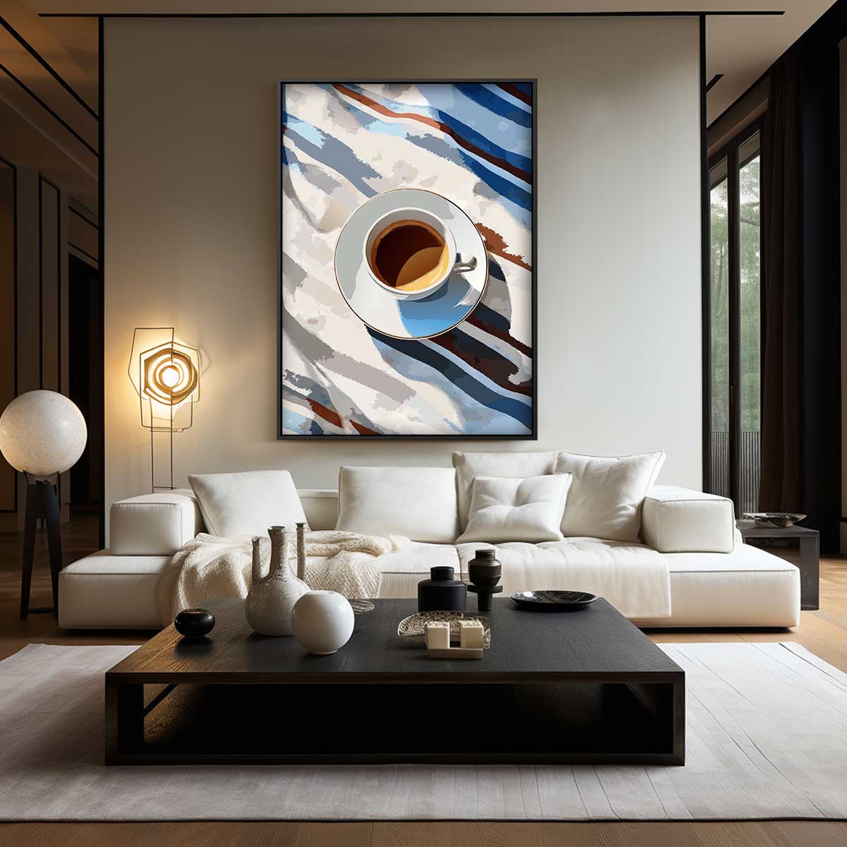 Koffiepauze in de Zon – kunstwerk met zwarte baklijst
