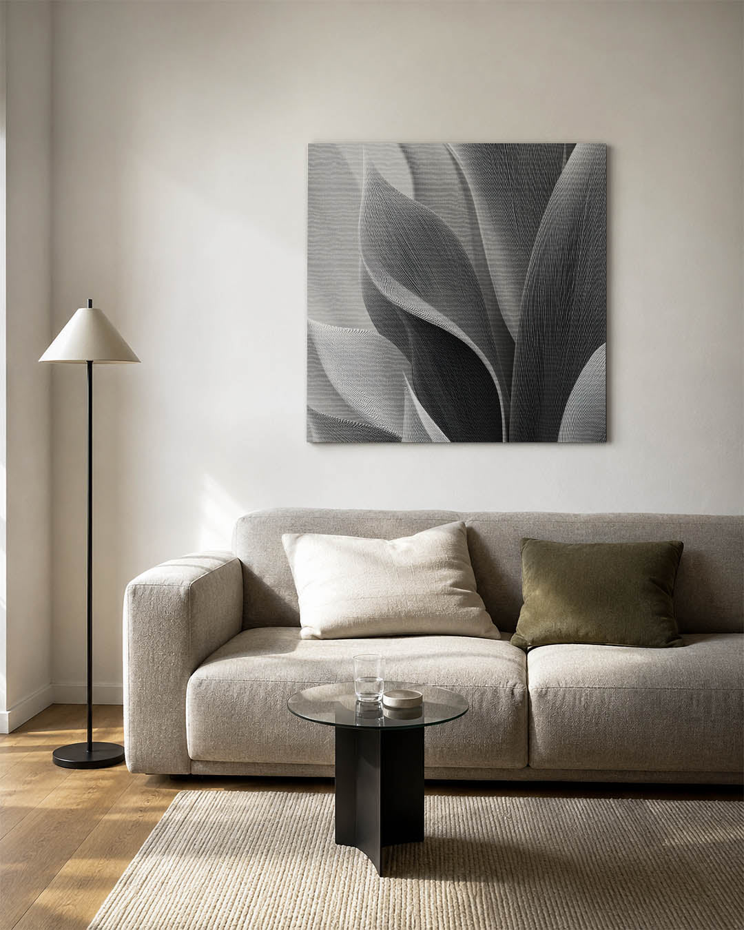 Organische lijnvormen kunstwerk – vierkante wanddecoratie – dit werk toont vloeiende, overlappende vormen met fijne lijnen.