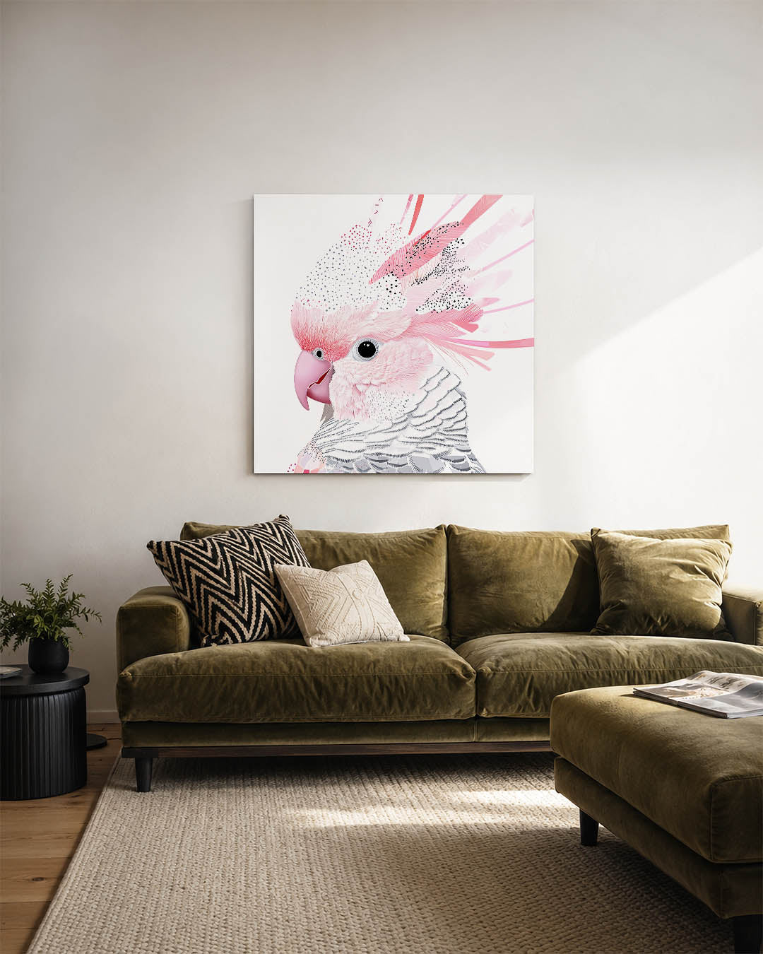 Vogelsilhouet met patronen kunstwerk – sfeerbeeld – dit werk toont een vogel met gedetailleerde patronen en zachte kleuren.