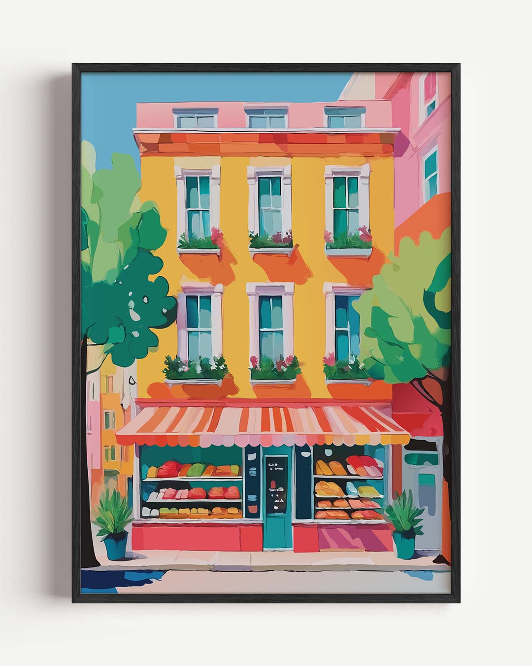 Vrolijke Straat in de Zomerzon – Popart en Streetart portret poster als wanddecoratie