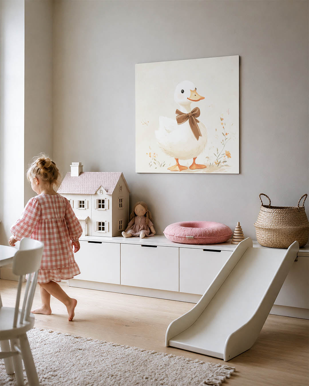 Vrolijke eend kunstwerk – tweede productweergave – dit werk toont een schattige eend met een grote strik, omgeven door