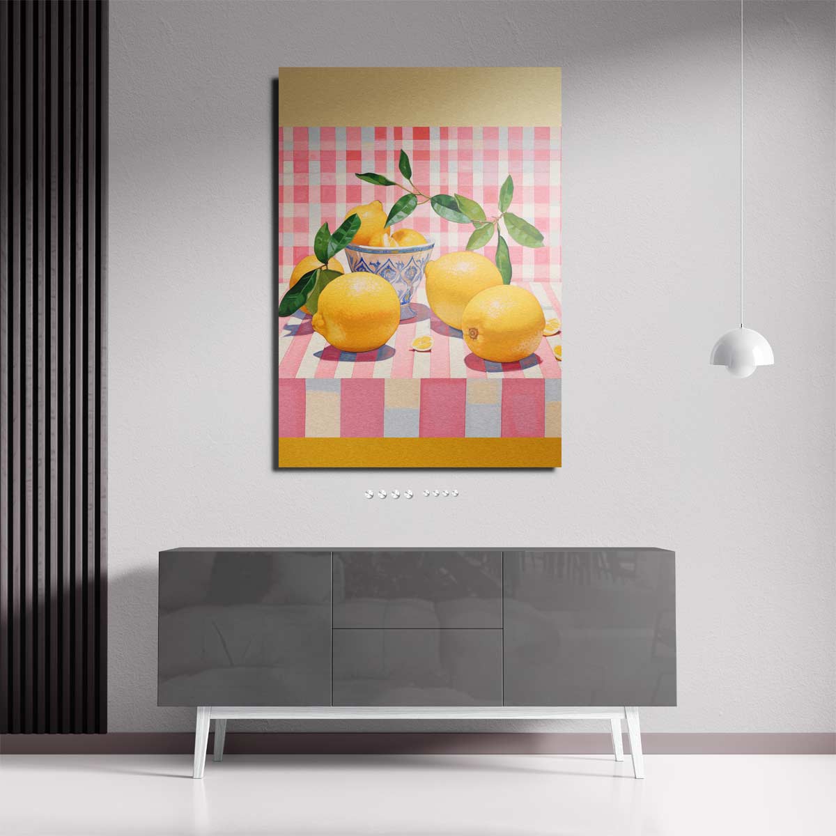Citroenen in Speelse Strepen – staande wandkunst voor woonkamer of interieur
