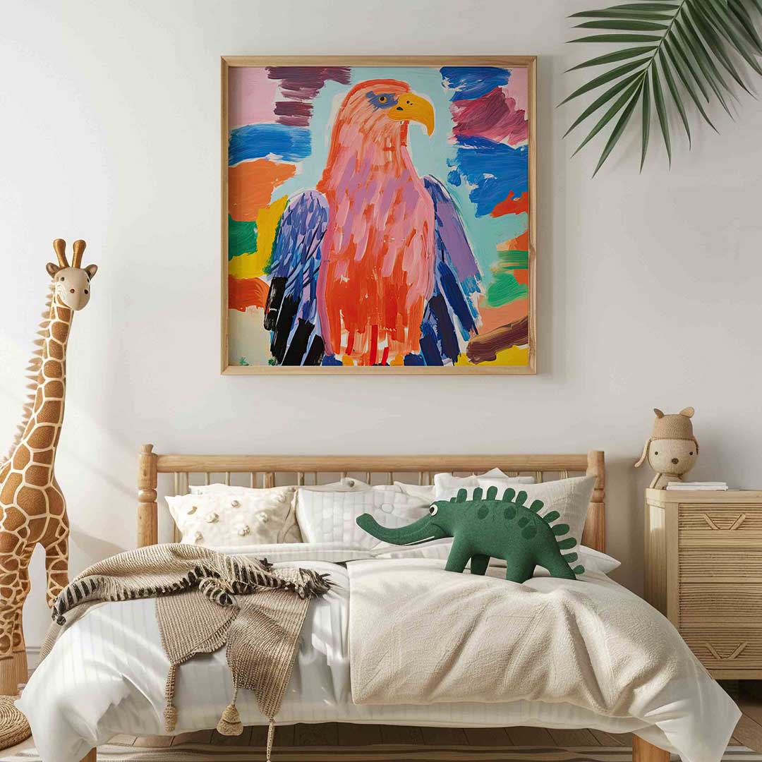 Gekleurde vogel – vierkante kinderkamer wanddecoratie van WallArtistic