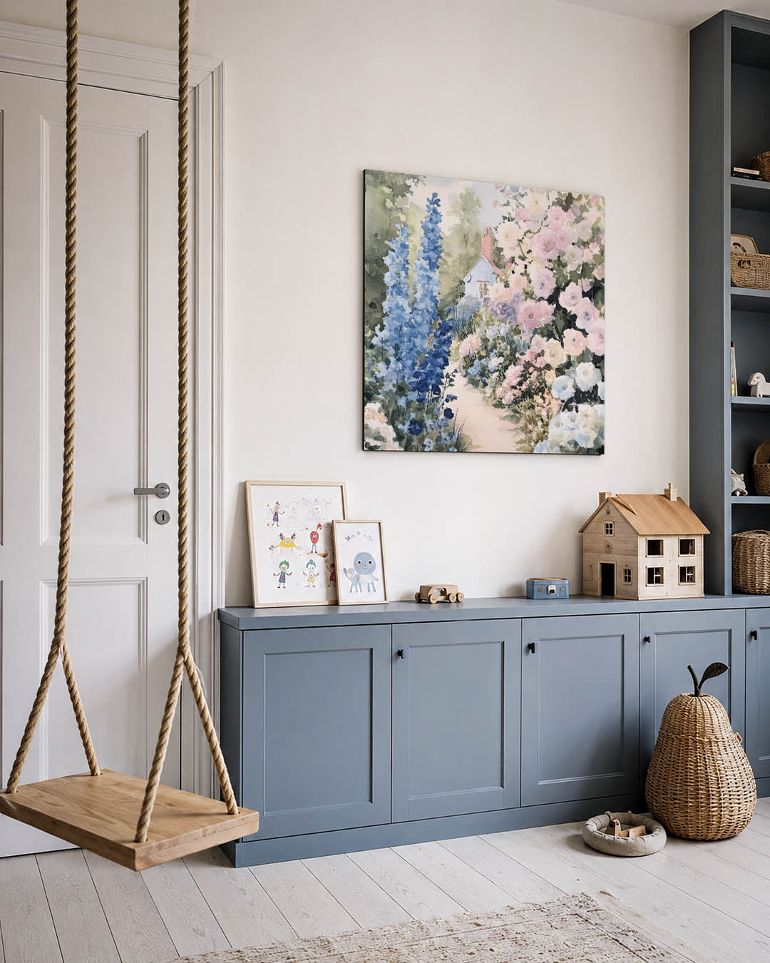Bloementuin met huisje kunstwerk – vierkante wanddecoratie – dit werk toont een tuin vol kleurrijke bloemen en een huisje op