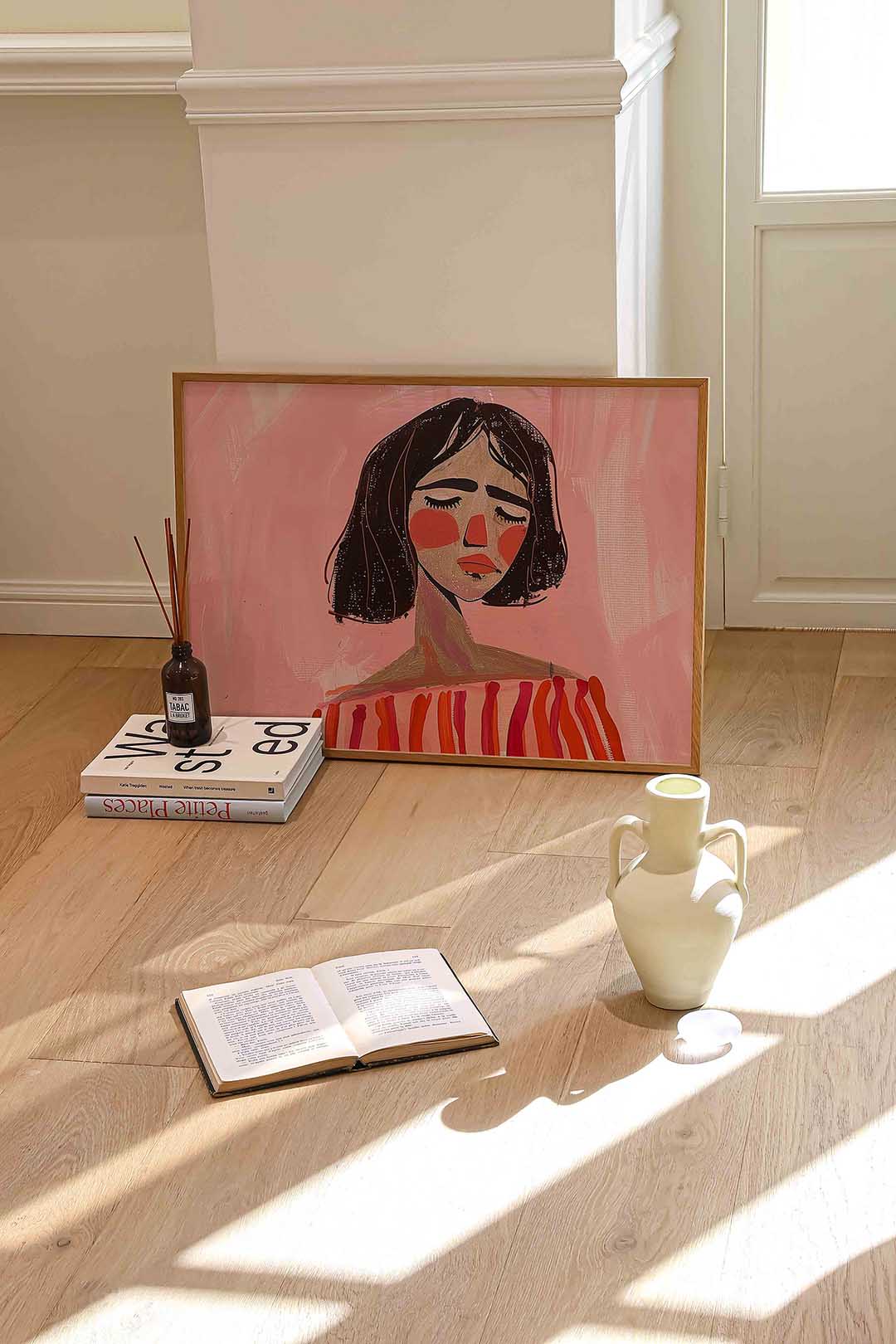 Vrouw met gesloten ogen – liggende portret wanddecoratie van WallArtistic