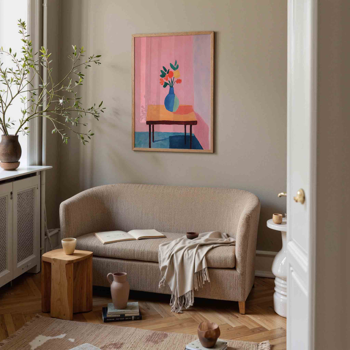Bloemenvaas op tafel – botanische poster in staand formaat