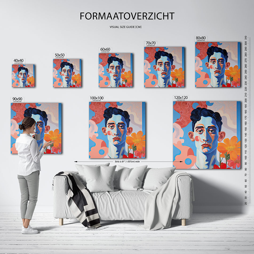 Portret kunstwerk – sfeerbeeld – dit werk toont een portret met vloeiende lijnen en levendige kleuren. De compositie