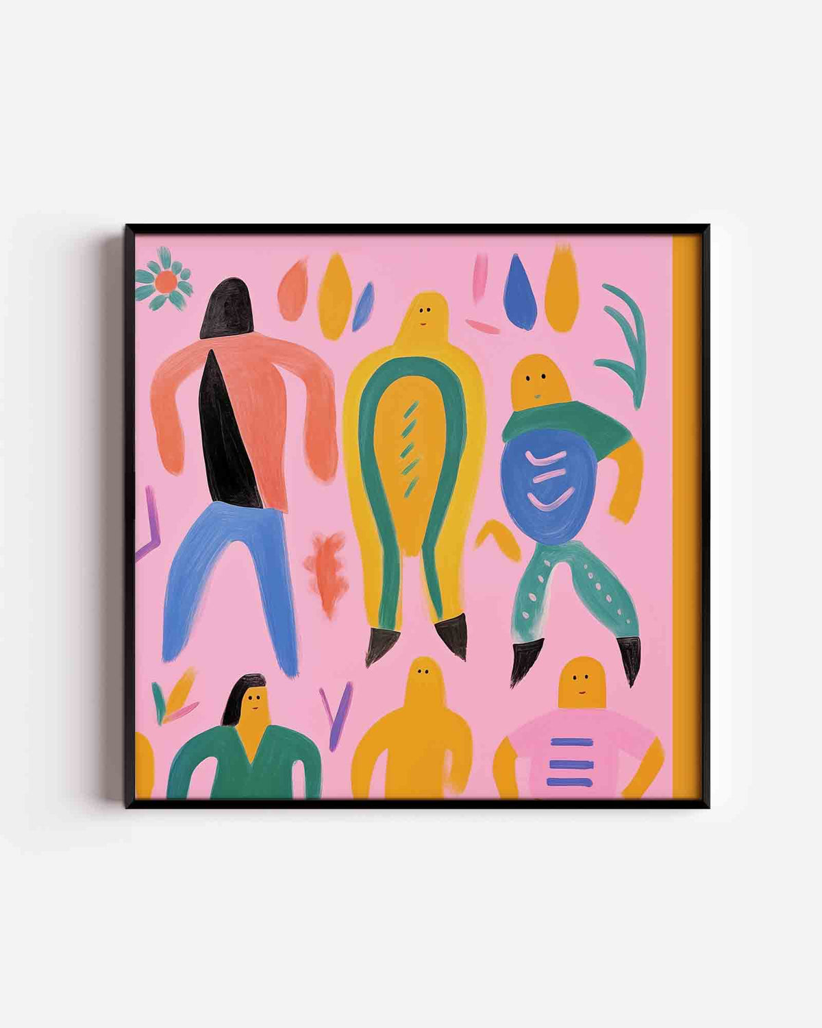 Vrolijke figuren op roze – vierkante poster met kleur en vormen als wanddecoratie