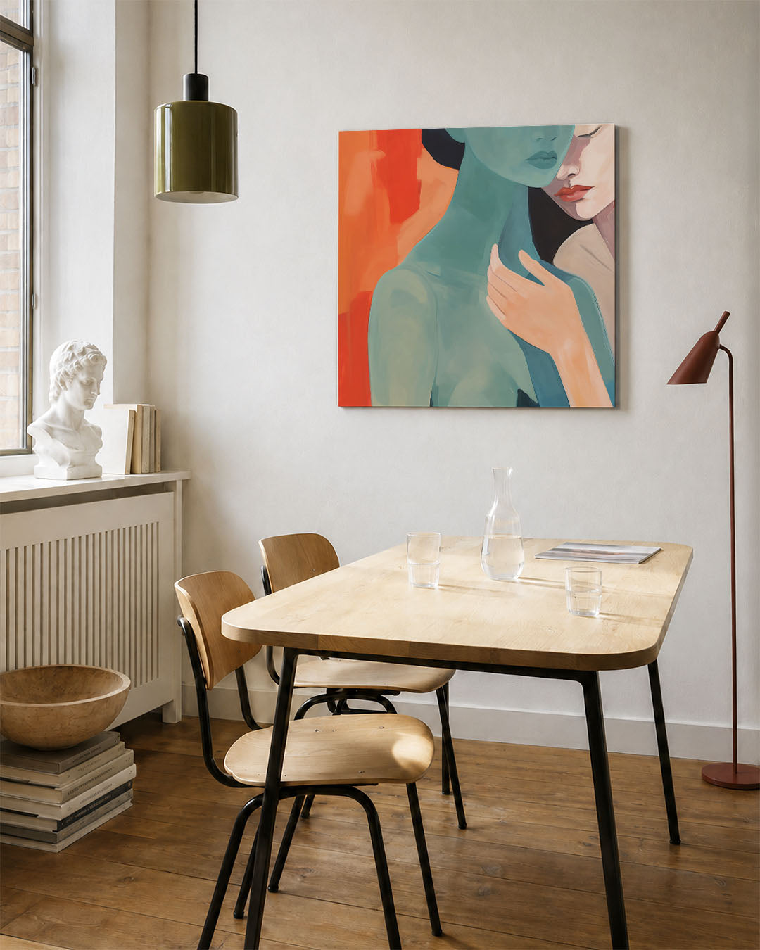 Intieme kleurencompositie kunstwerk – vierkante wanddecoratie – dit kunstwerk toont twee figuren in een harmonieuze