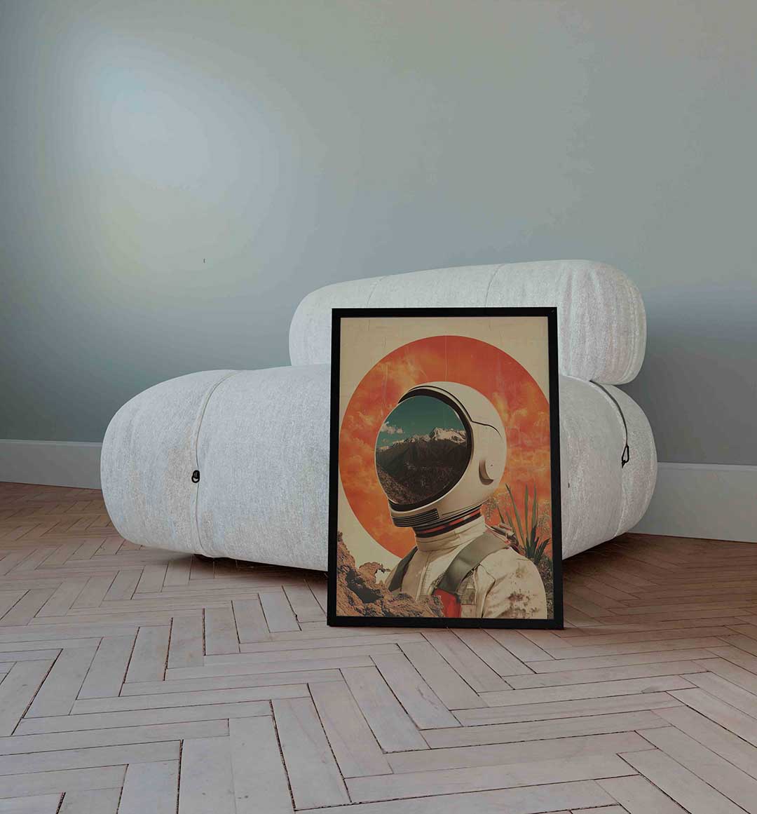 Astronaut en bergen – surrealistische wandkunst als portret poster
