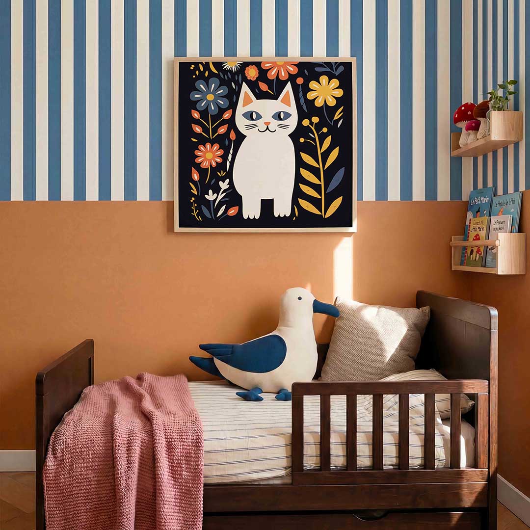 Kat met bloemen – kids poster in vierkant formaat