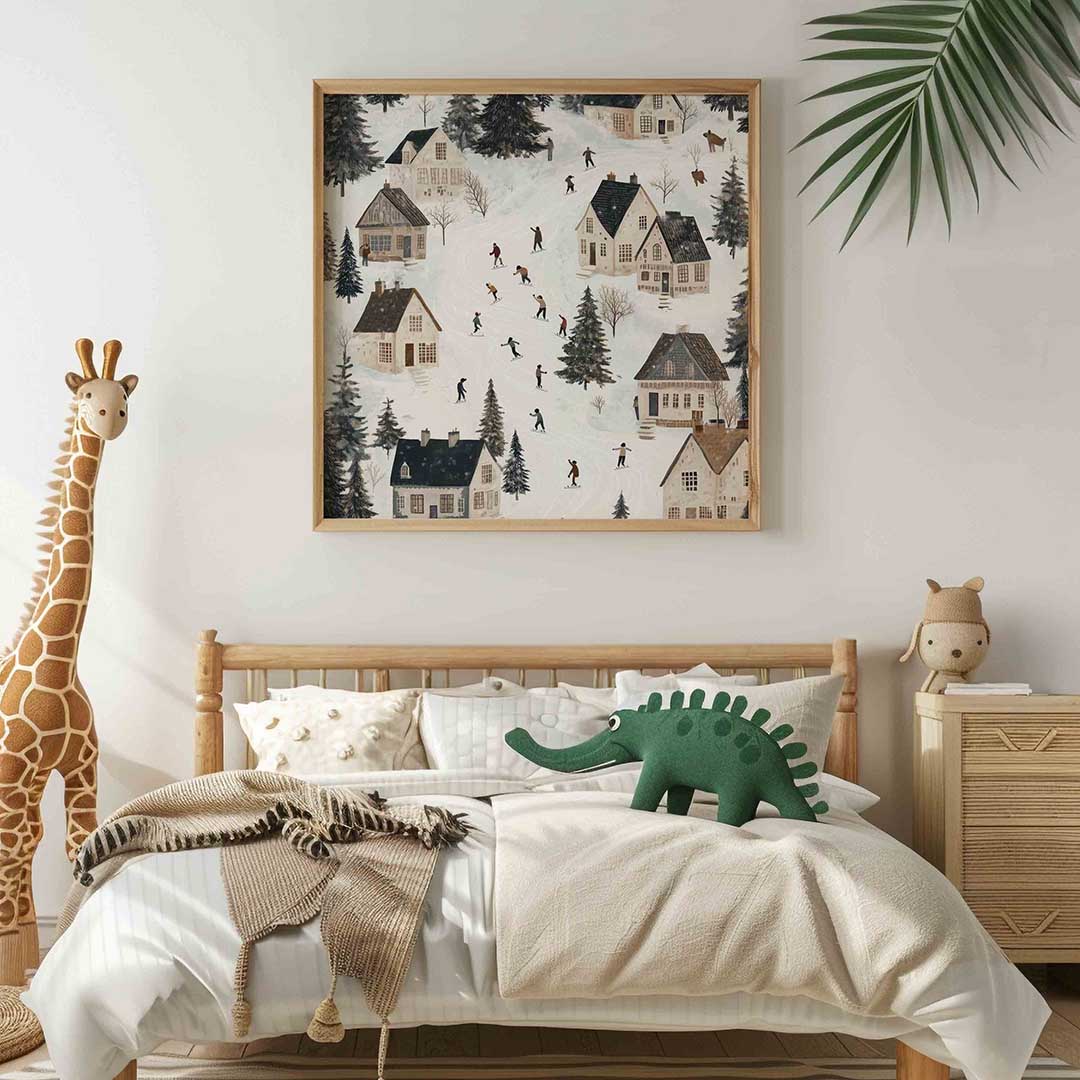 Winterdorp met schaatsers – vierkante kinderkamer wanddecoratie van WallArtistic
