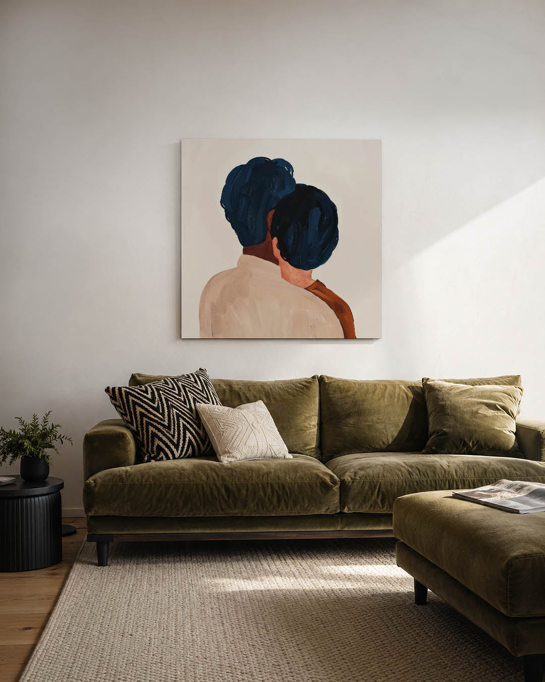 Intieme omhelzing kunstwerk – derde productweergave – dit kunstwerk toont twee figuren in een omhelzing, met vloeiende lijnen