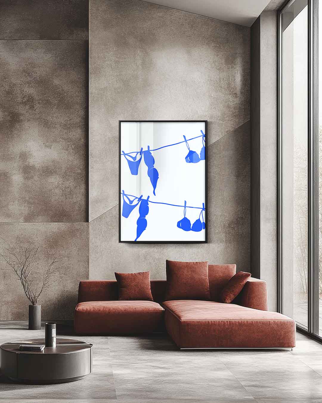 Blauwe Lingerie op de Lijn – staande wandkunst voor woonkamer of interieur