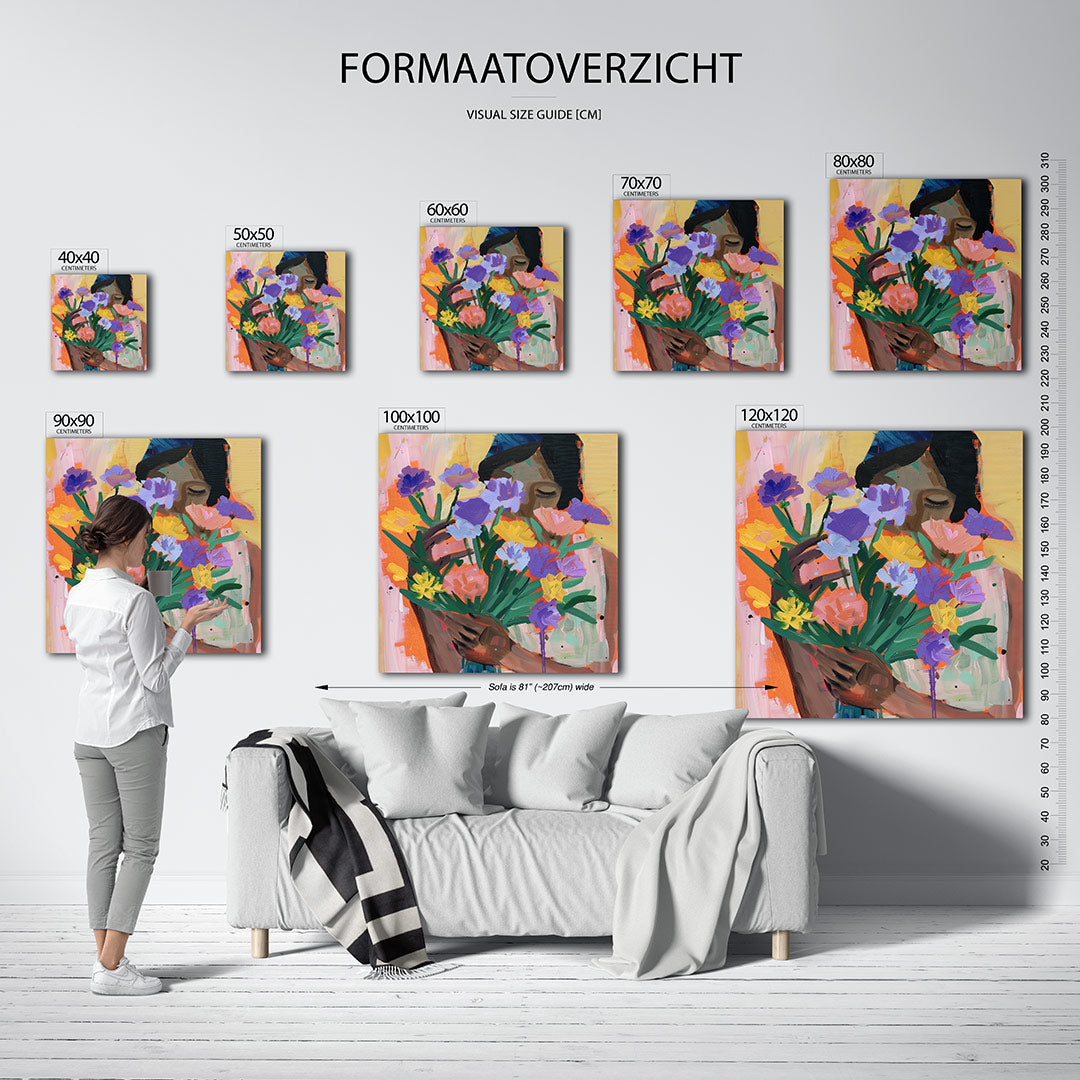 Bloemen en vrouw kunstwerk – sfeerbeeld – dit kunstwerk toont een vrouw met een kleurrijk boeket bloemen. De levendige