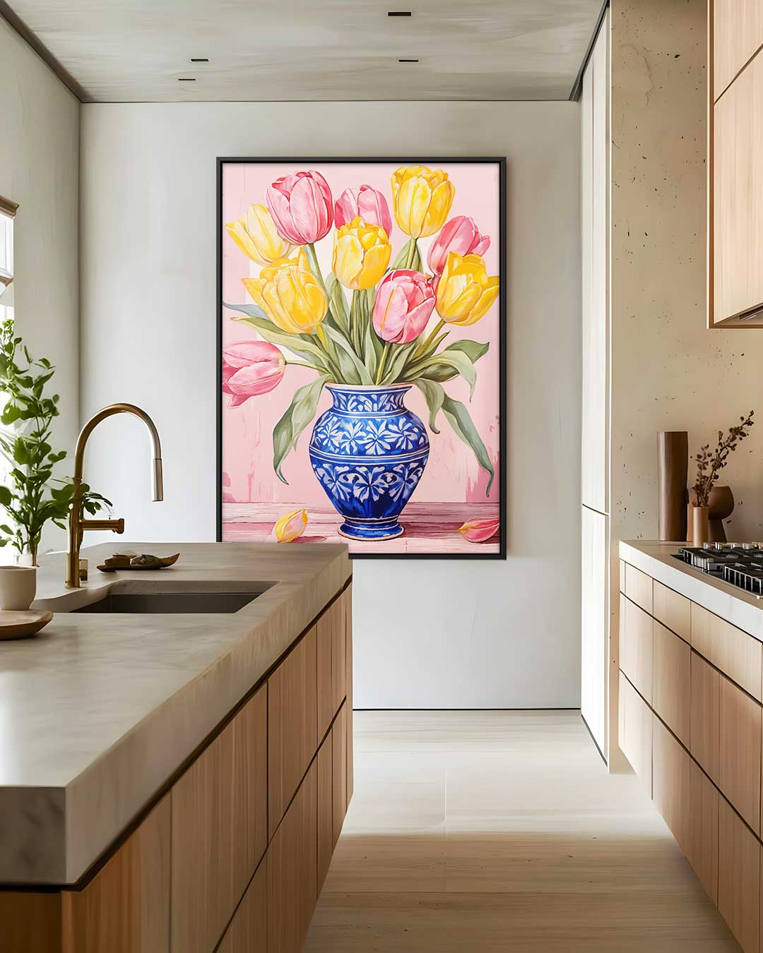 Stralende Tulpen in Blauwe Vaas – plexiglas wanddecoratie in portret formaat