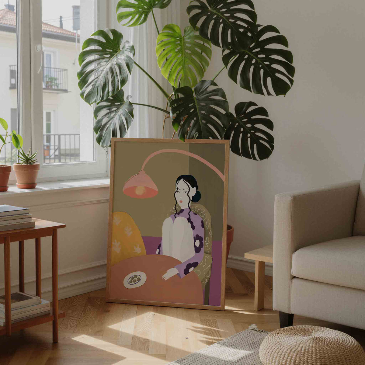 Vrouw met lamp – moderne illustratie als portret poster