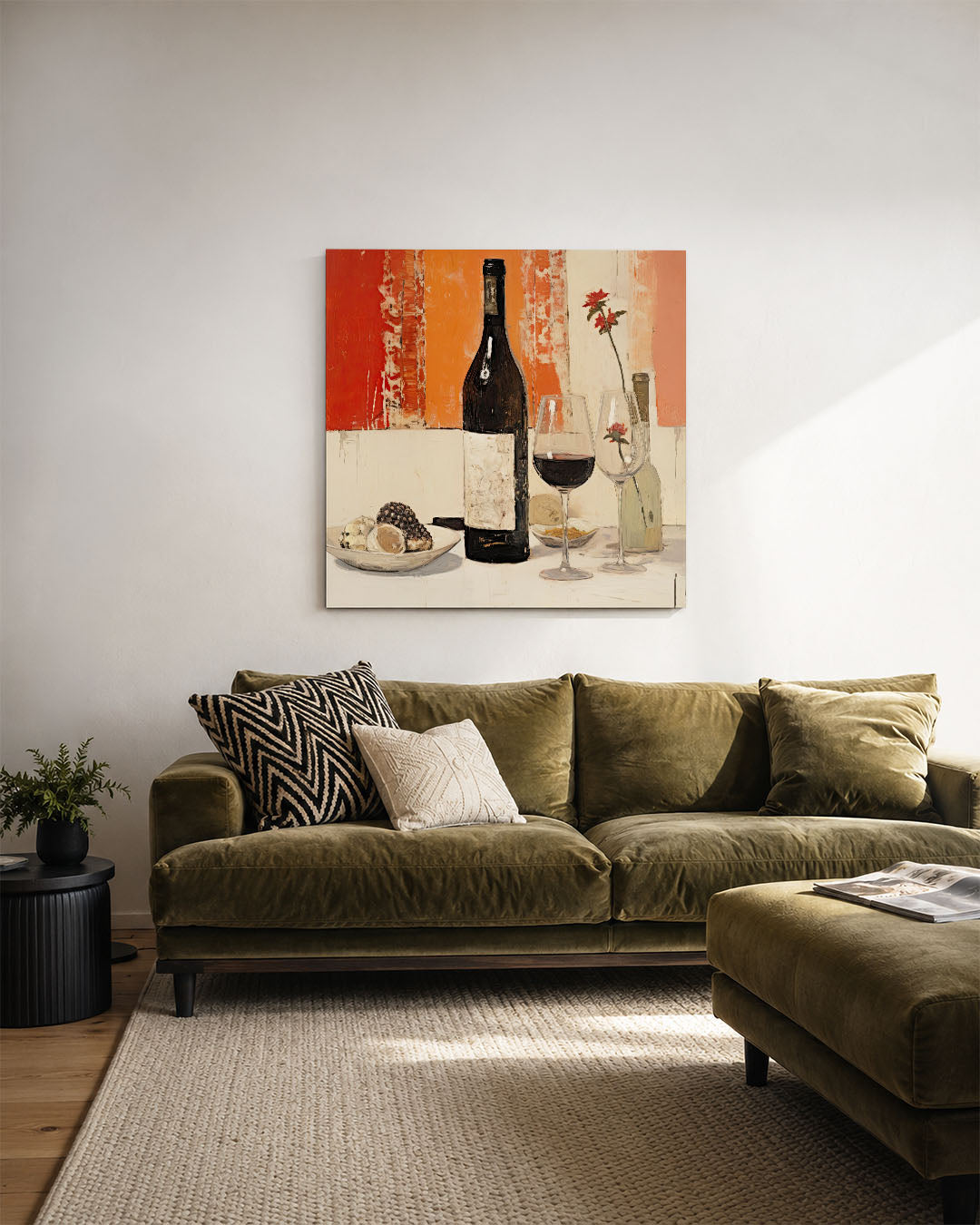 Wijn en bloemen kunstwerk – derde productweergave – dit kunstwerk toont een fles wijn en glazen op een tafel, omlijst door