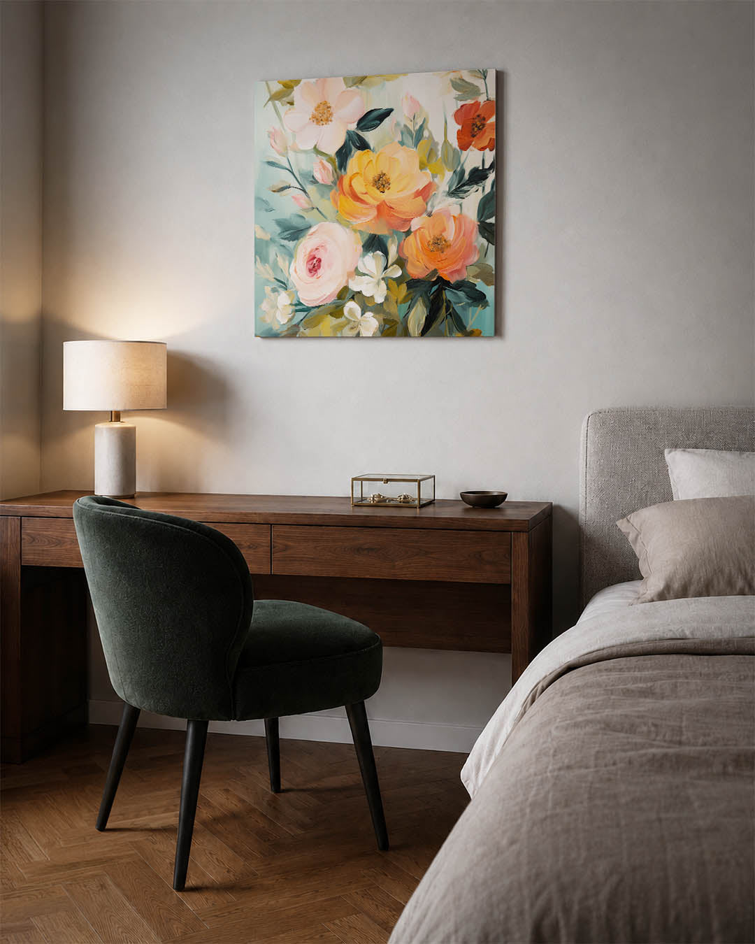 Bloemrijke compositie kunstwerk – materiaalweergave – dit kunstwerk toont een levendige verzameling bloemen in zachte en