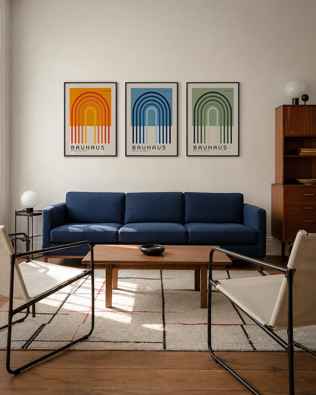 Kleurvolle booglijnen driedelige posterset – deze posterset in drie delen toont een ritmisch lijnenspel van warme kleuren. De