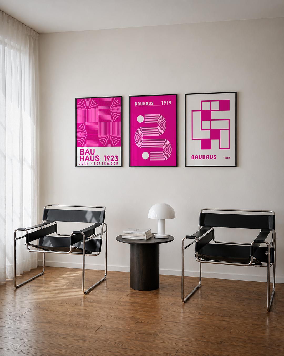 Lijnen en kleurvlakken posterset – tweede productweergave – deze posterset in drie delen toont een levendig spel van roze en