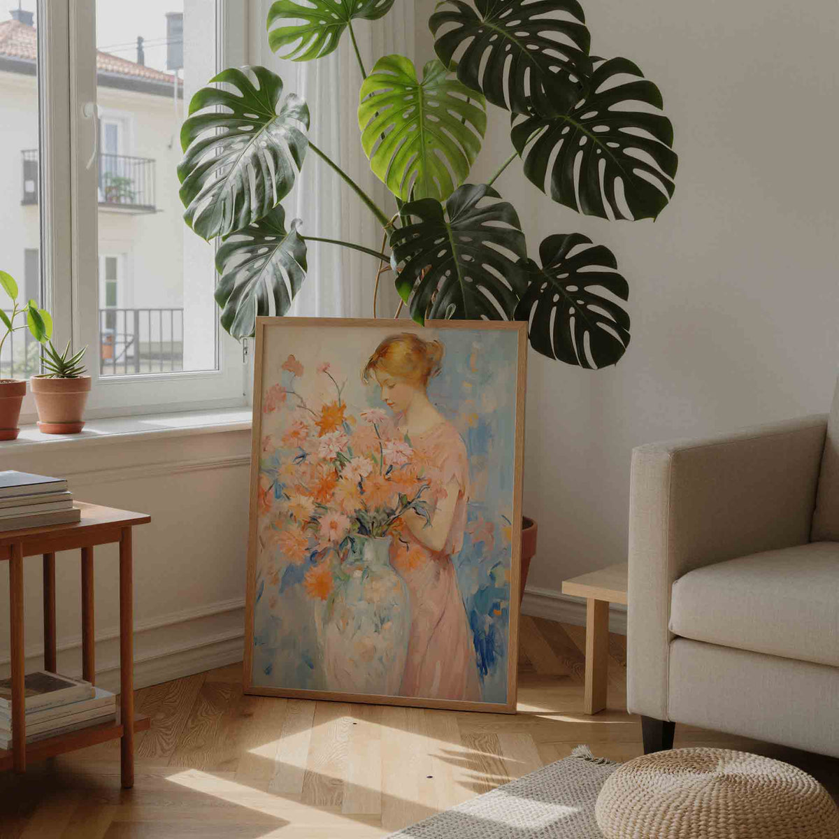 Vrouw met bloemen – staande botanische wanddecoratie van WallArtistic