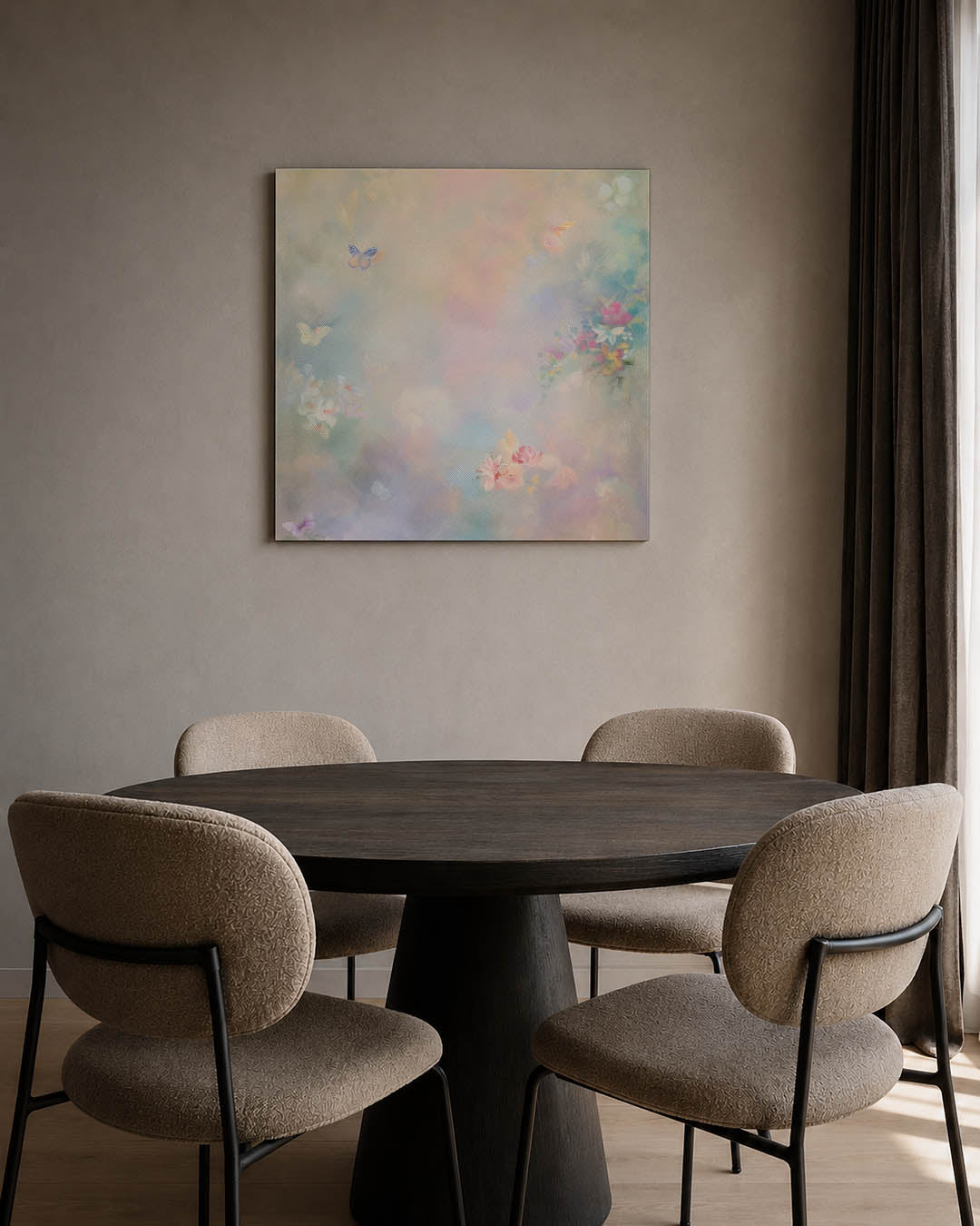 Dromerige vlinders kunstwerk – tweede productweergave – dit kunstwerk toont een zachte compositie van vlinders en bloemen in