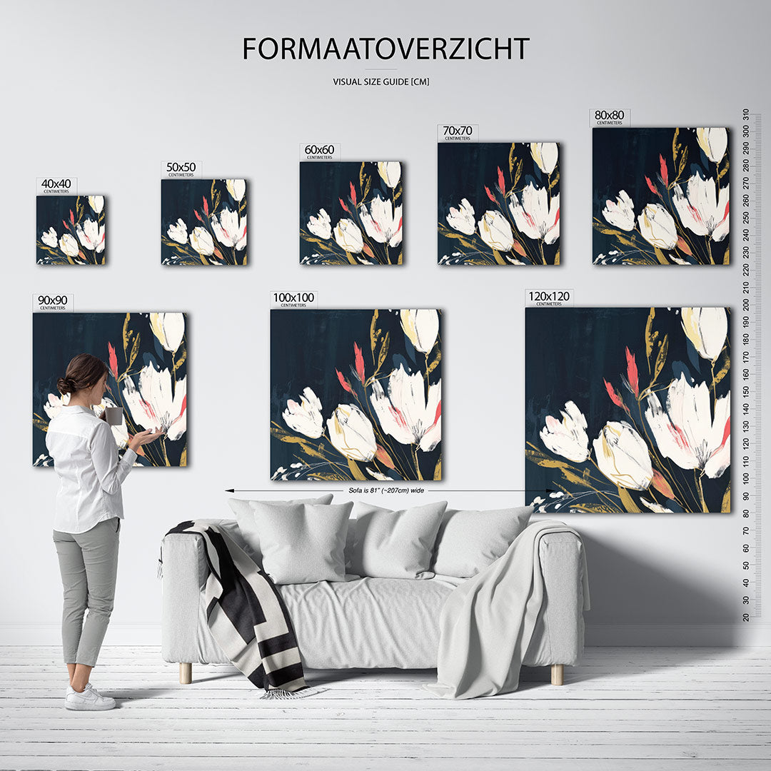 Bloemrijke expressie kunstwerk – sfeerbeeld – dit werk toont een dynamische compositie van bloemen met vloeiende lijnen en
