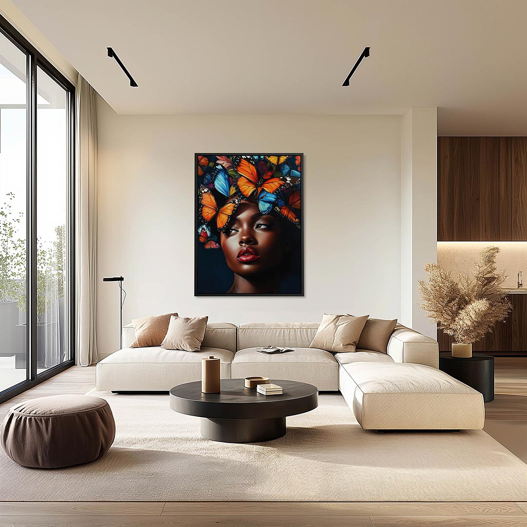 Vlinders en portret – moderne staande wandkunst