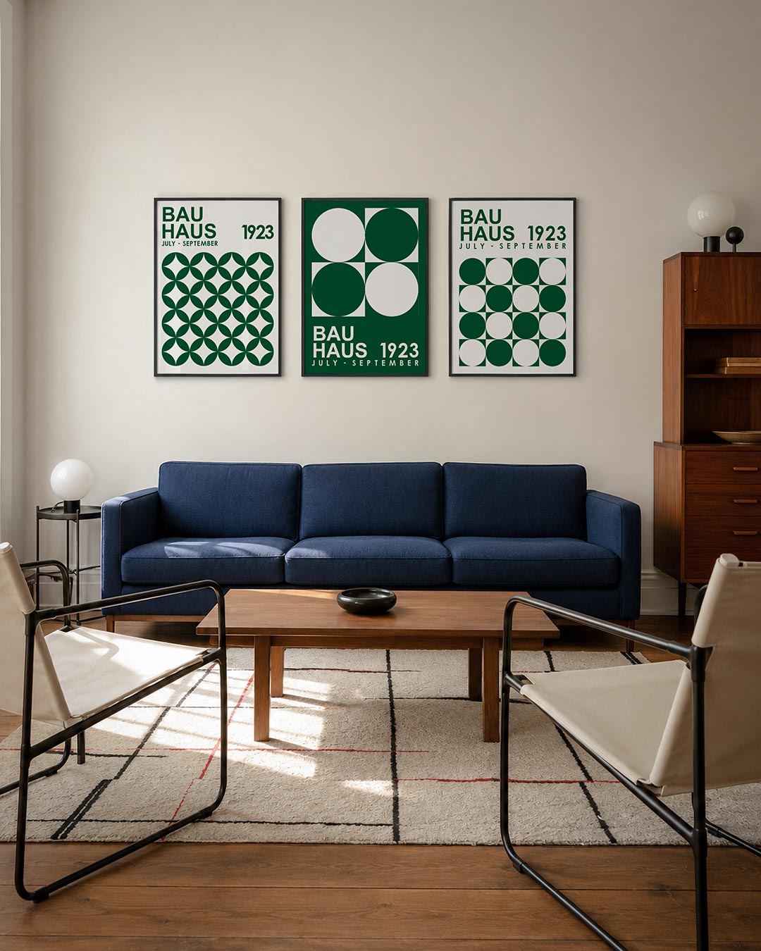 Cirkelpatroon en tekst driedelige posterset – deze posterset in drie delen toont een ritmisch patroon van groene cirkels op