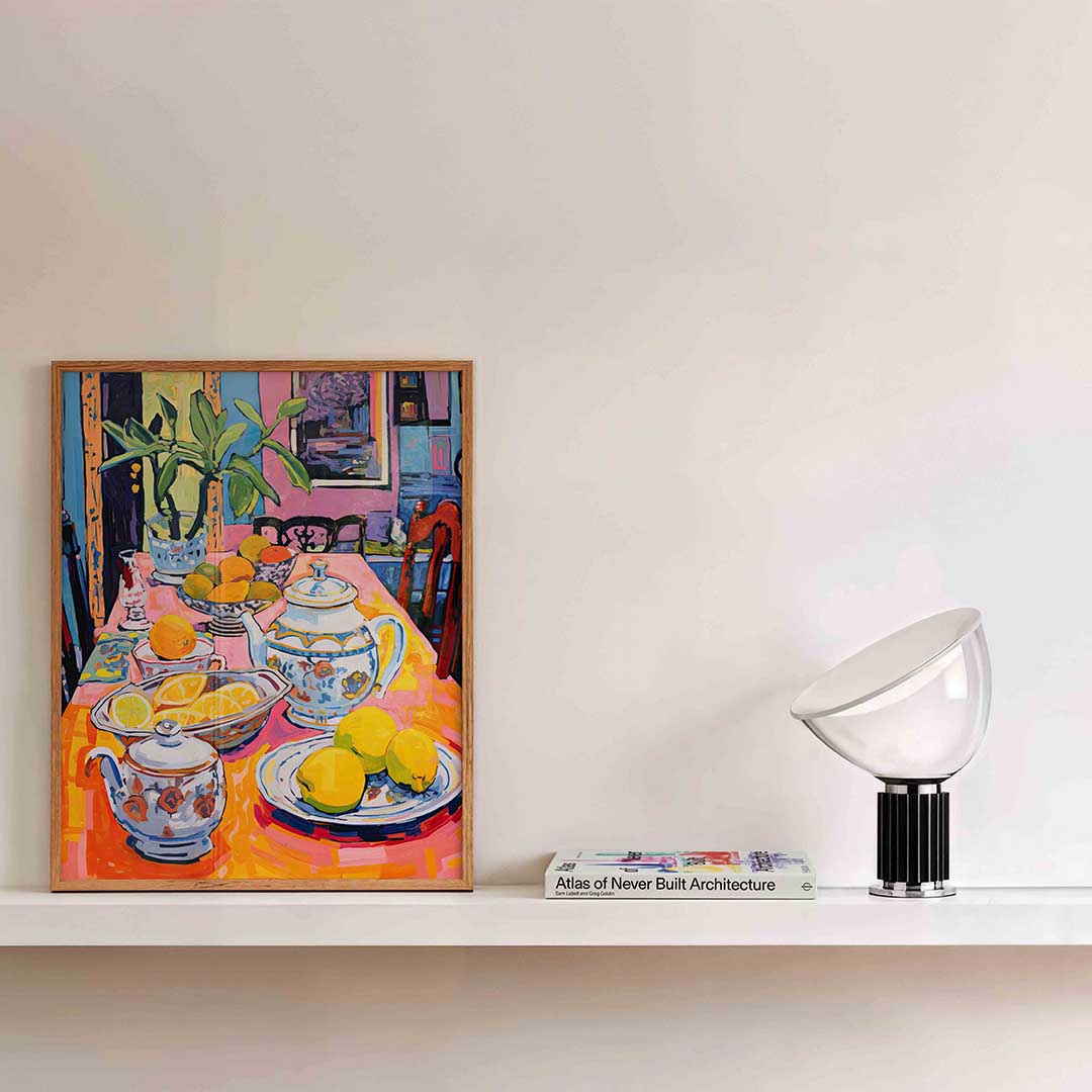 Citrus en theeservies – kleurrijke illustratie als portret poster
