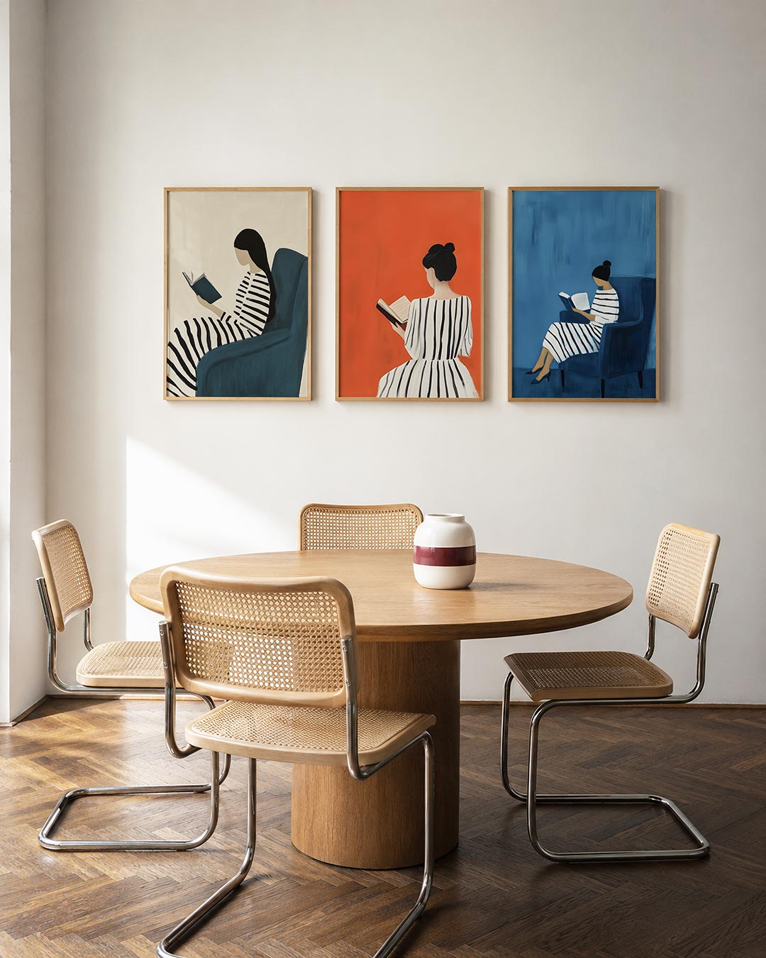 Gestreepte rust posterset – derde productweergave – een vrouw leest in een comfortabele stoel