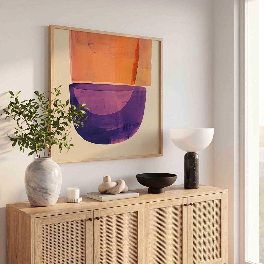 Oranje en paarse vormen – kunst en design poster in vierkant formaat