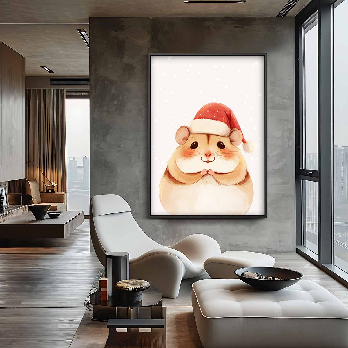 Schattige Kersthamster Illustratie – canvas wanddecoratie in portret formaat
