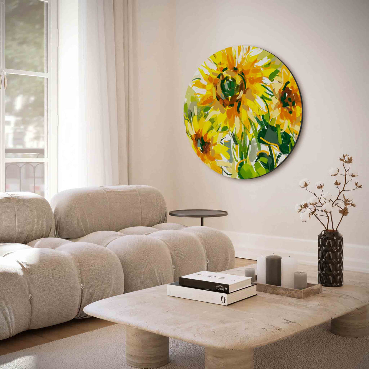 Zonnebloemen – muurcirkel met abstracte texturen voor aan de muur
