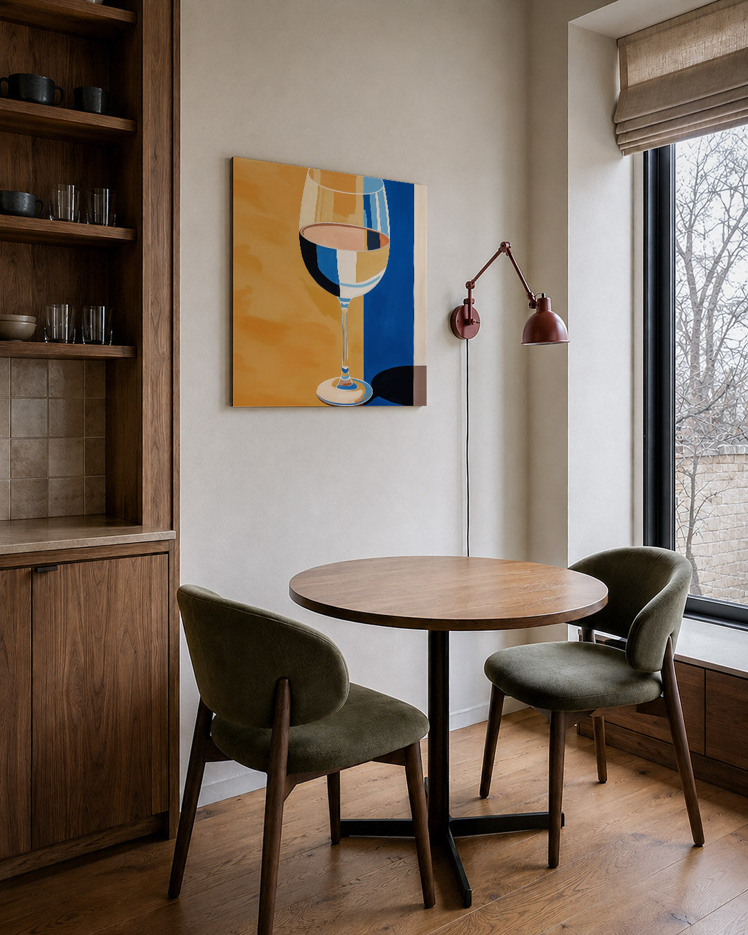 Glas en kleurvlakken kunstwerk – derde productweergave – dit werk toont een glas tegen een achtergrond van kleurrijke