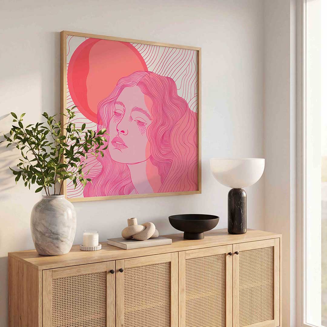 Vrouwelijk gezicht met golvende lijnen – illustratie poster in vierkant formaat