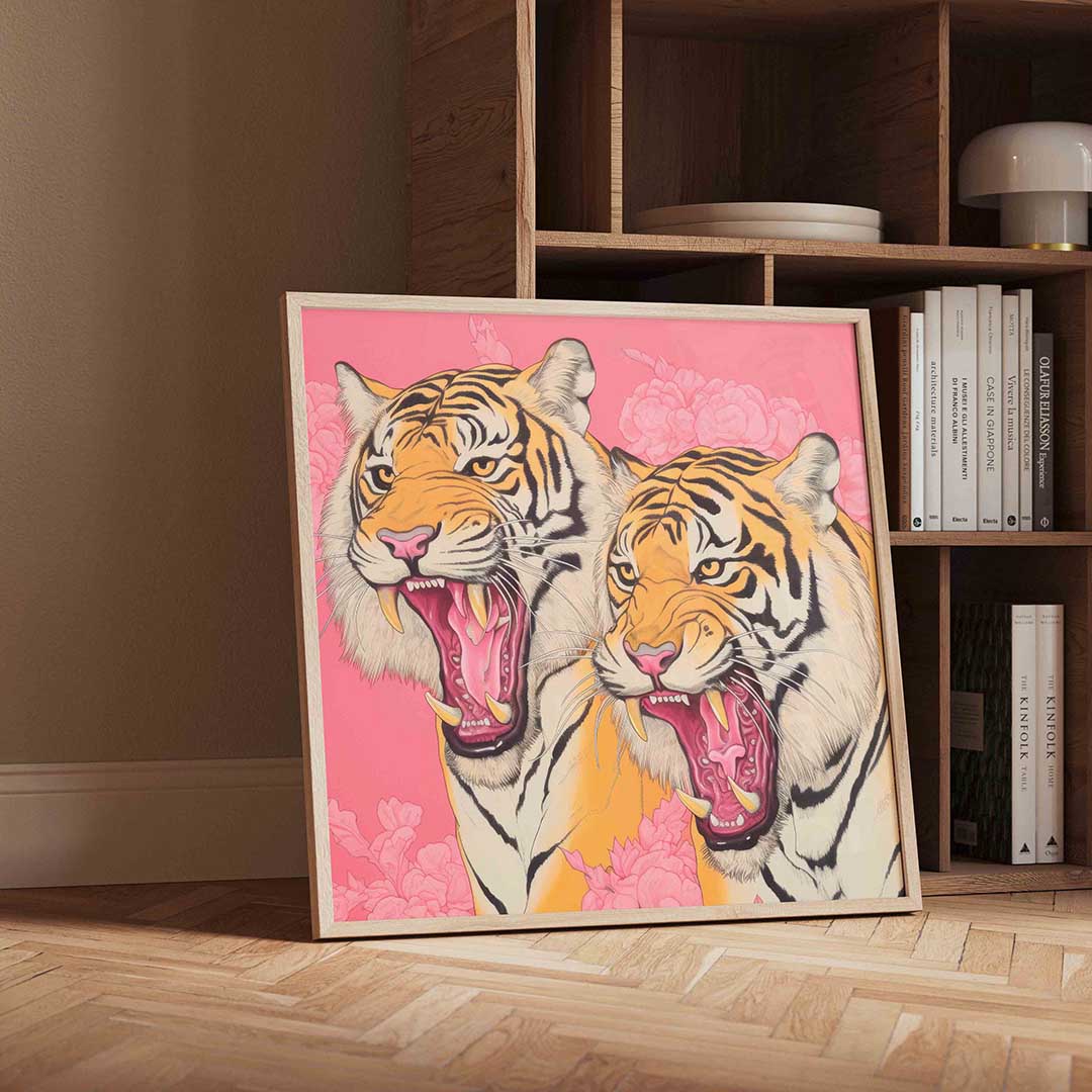 Twee brullende tijgers – geïllustreerde wandkunst als vierkante poster