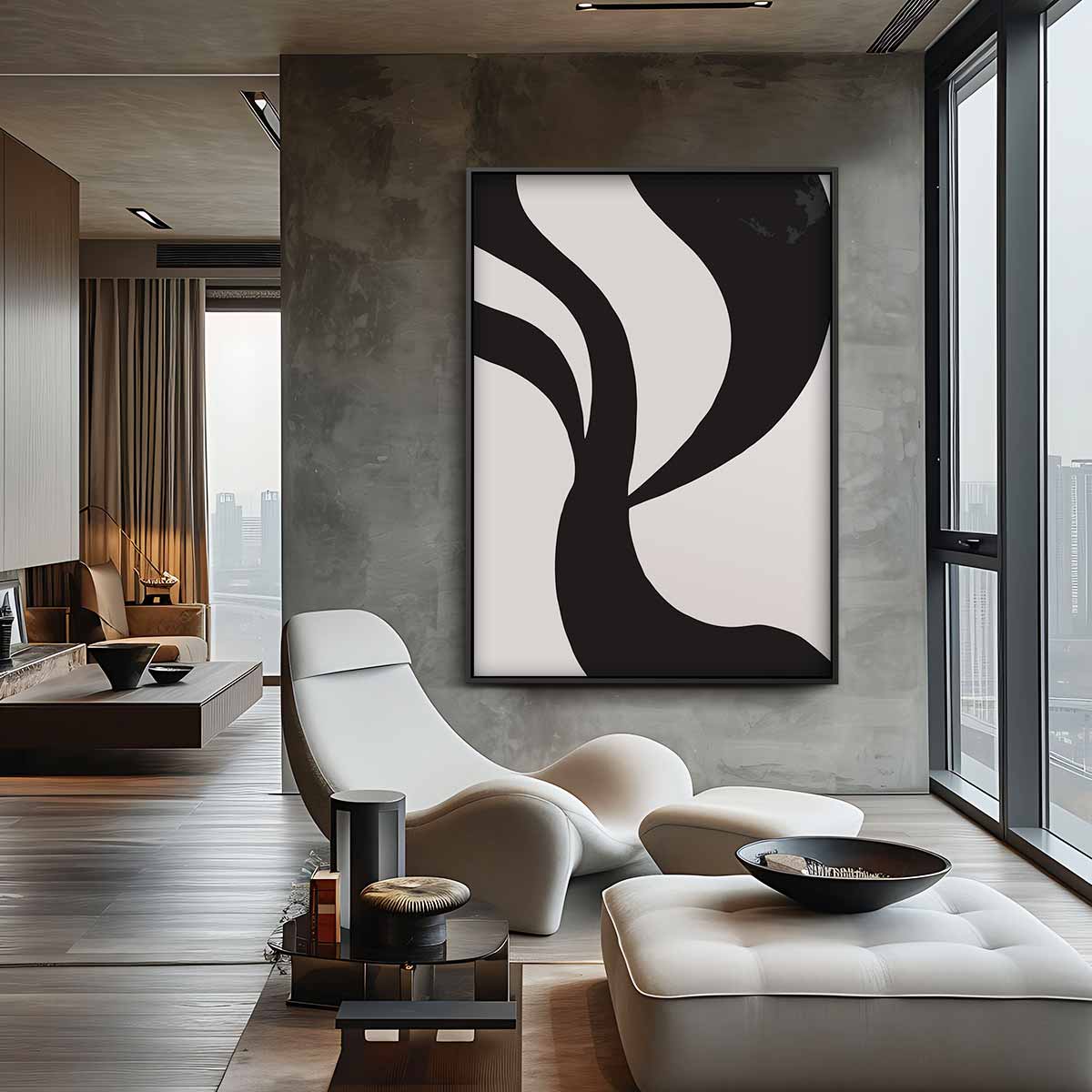 Organische Zwart-Wit Abstractie – canvas wanddecoratie in portret formaat