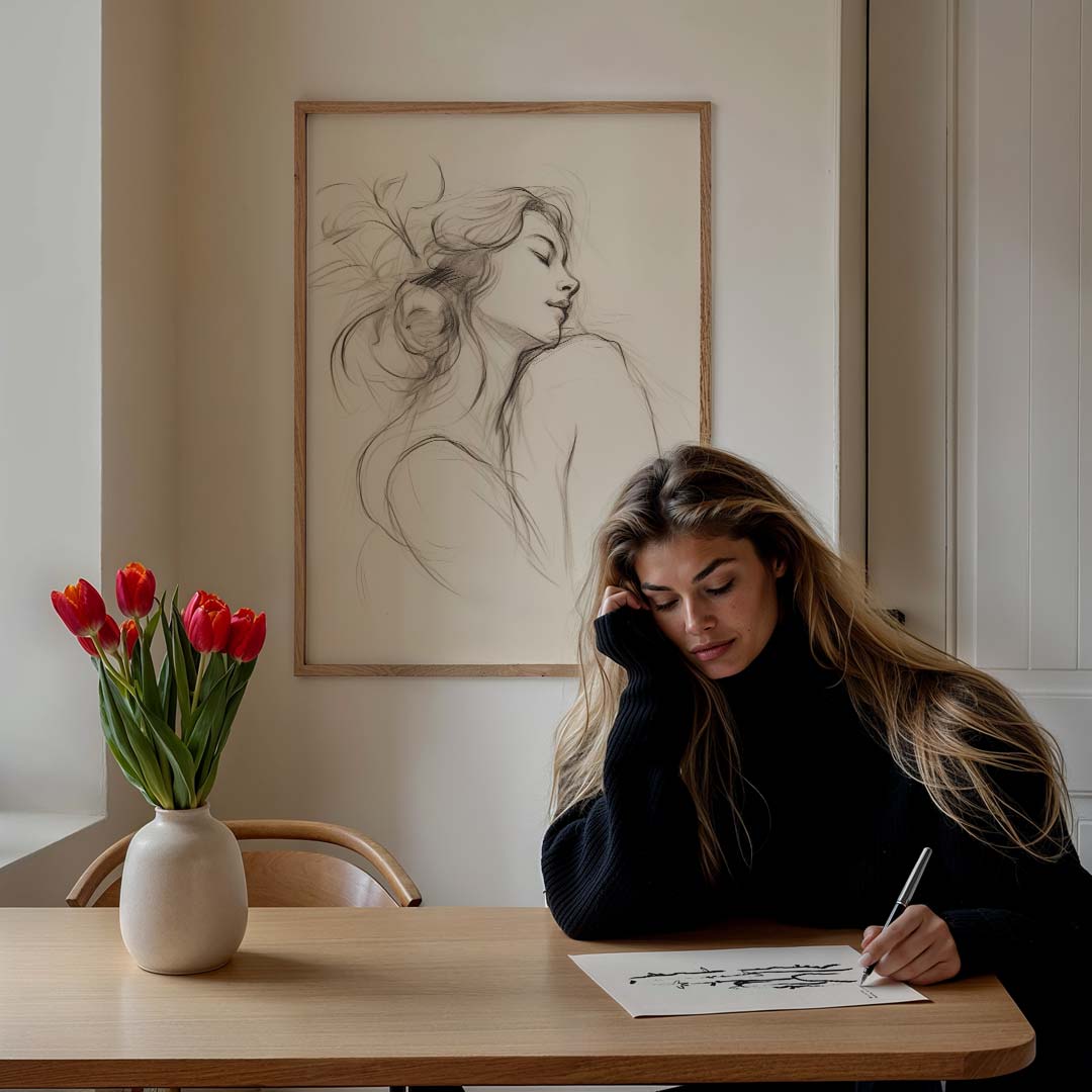 Elegant Vrouwelijk Portret – staande muurposter met botanische uitstraling
